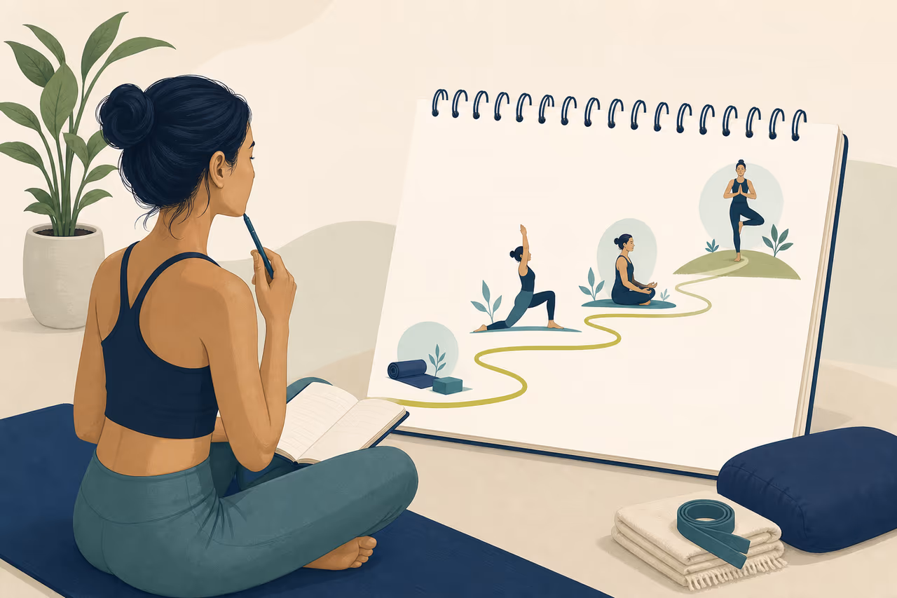 Editorial illustration about how to set realistic yoga goals.