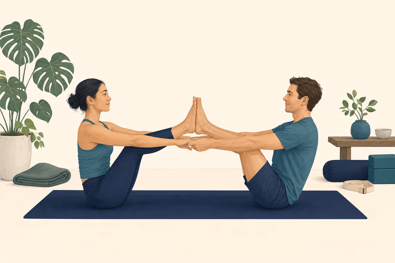 Editorial illustration about partner yoga for beginners.