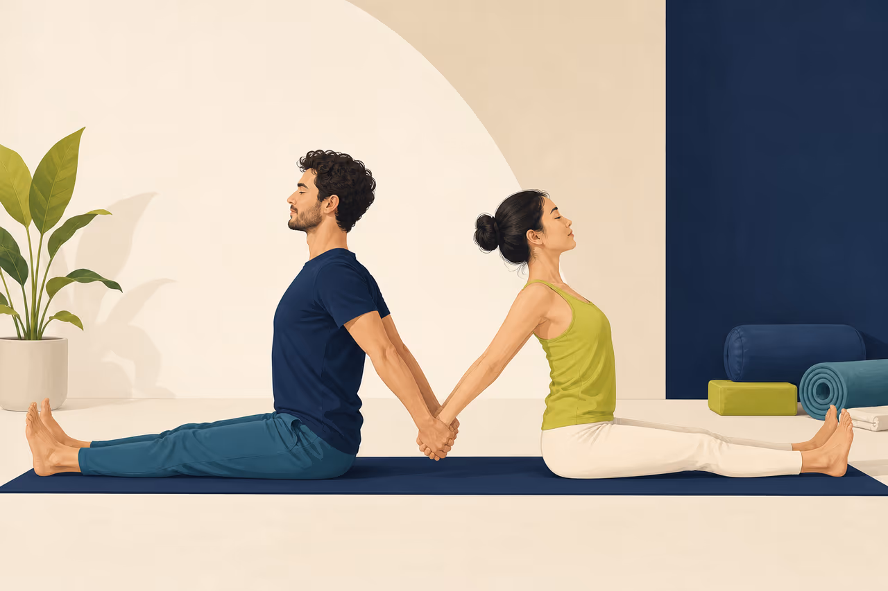Editorial cover illustration about partner yoga for beginners.