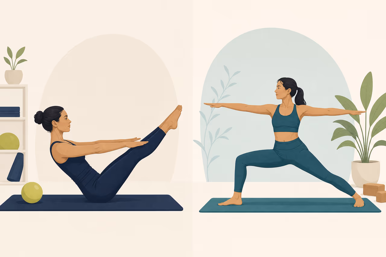 Editorial illustration about mat Pilates vs yoga for beginners.