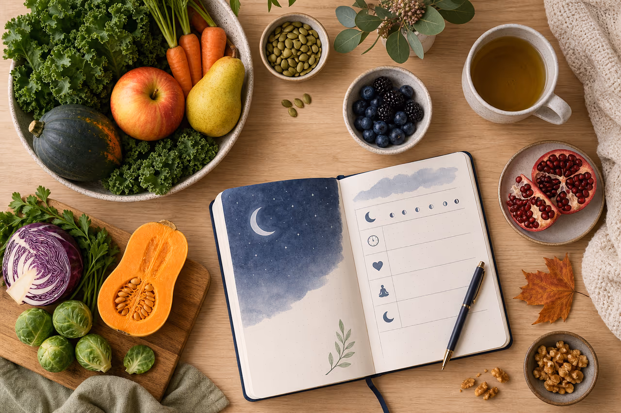 Flat lay of seasonal food and a sleep journal.