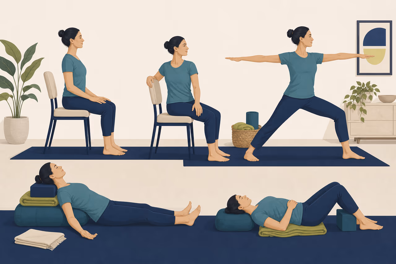 Editorial illustration about yoga options that avoid kneeling.