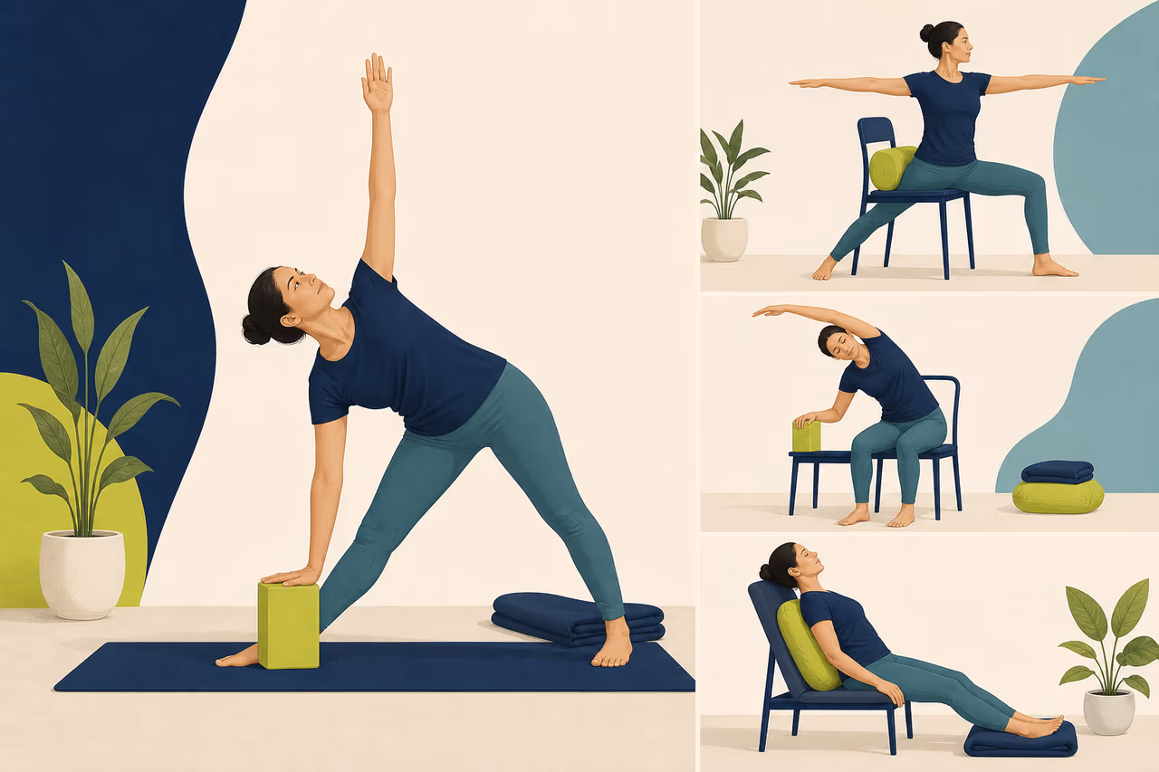 Editorial cover illustration about yoga options that avoid kneeling.