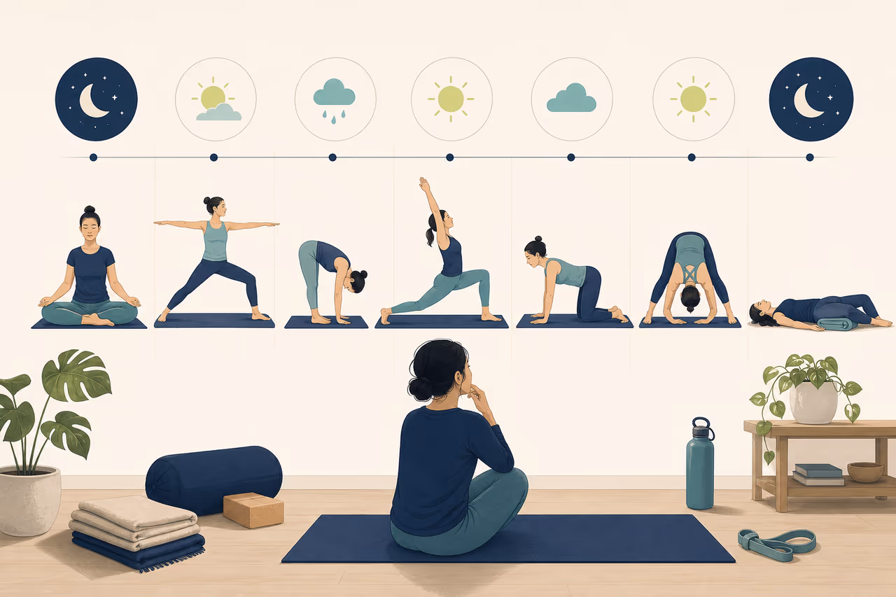 Editorial illustration about a realistic first week of yoga.
