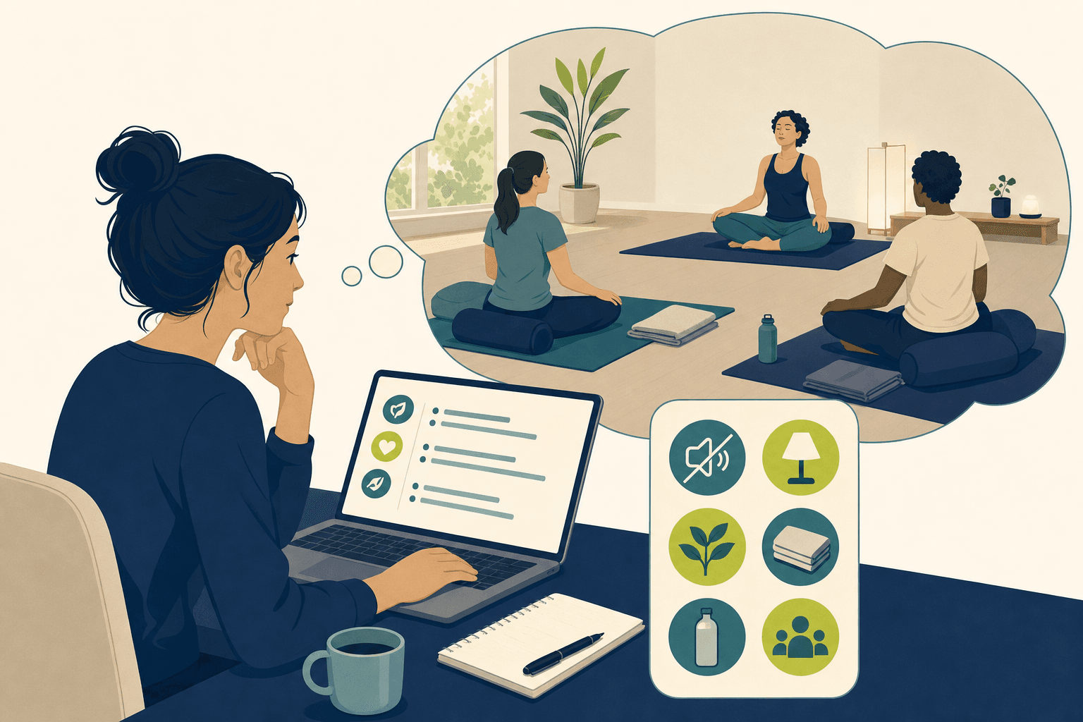 Editorial illustration about how to find a sensory friendly yoga class.