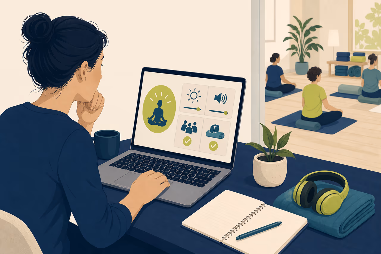 Editorial cover illustration about how to find a sensory friendly yoga class.