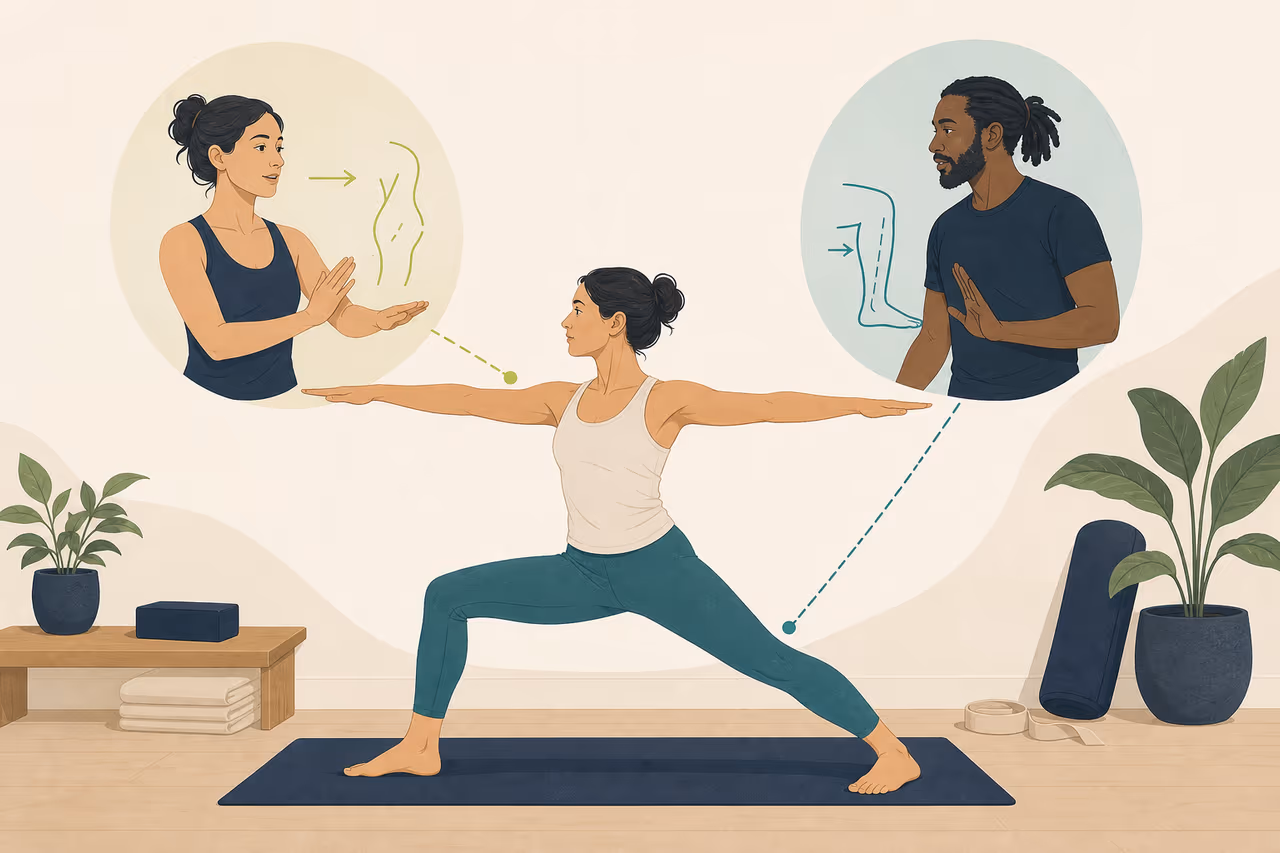 Editorial illustration about why yoga alignment cues vary by teacher.