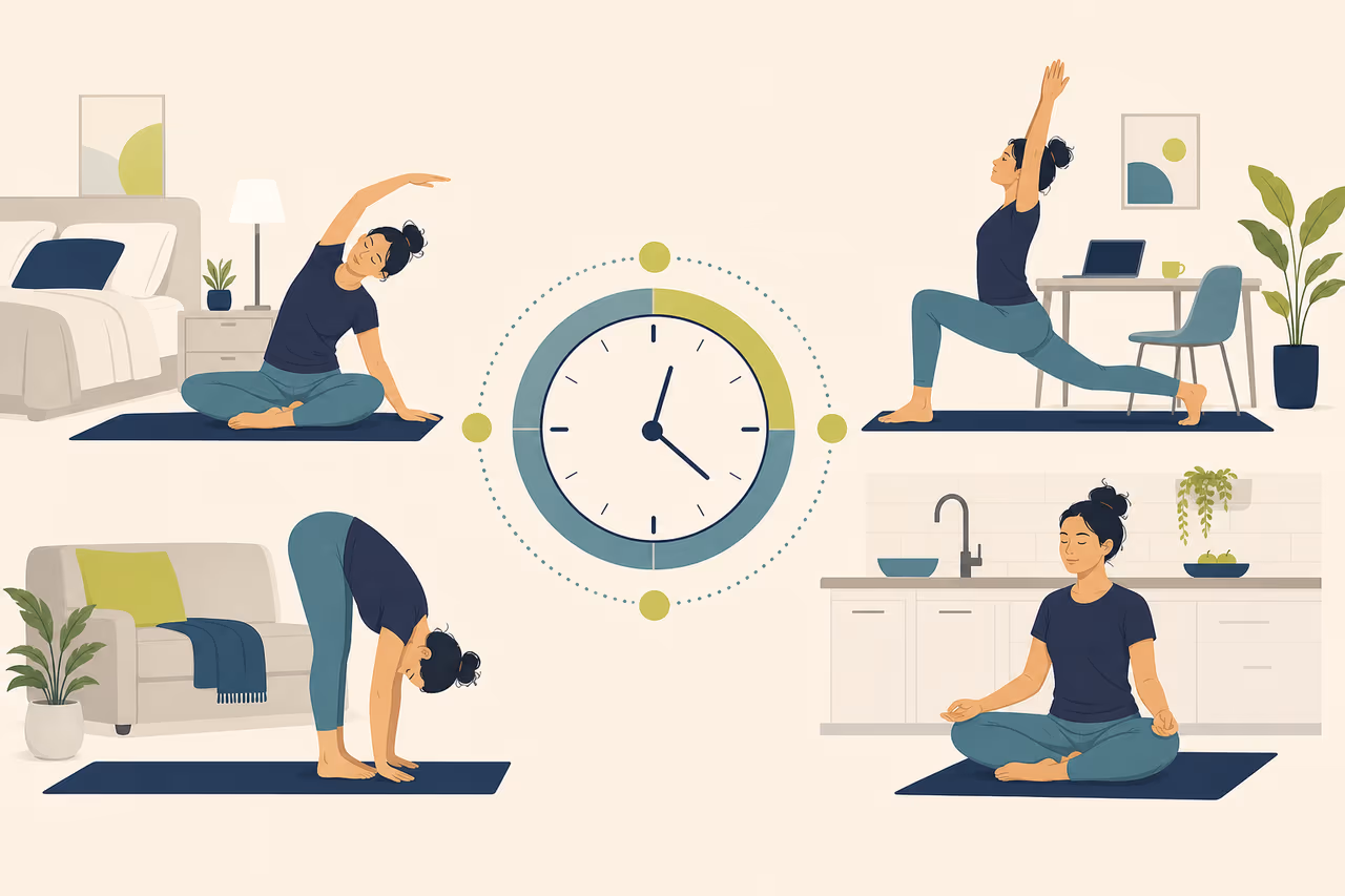 Editorial illustration about how to fit yoga into a busy schedule.