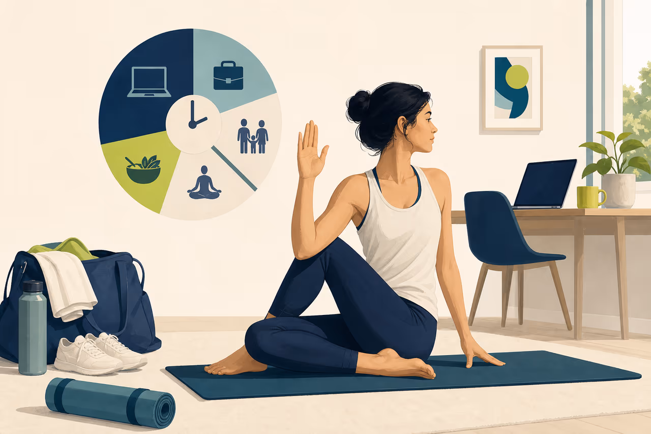 Editorial cover illustration about how to fit yoga into a busy schedule.