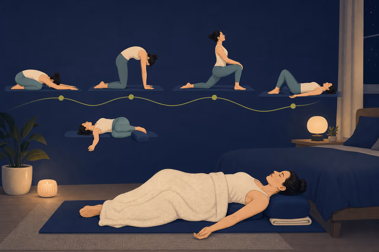 Editorial illustration about yoga before bed for beginners.