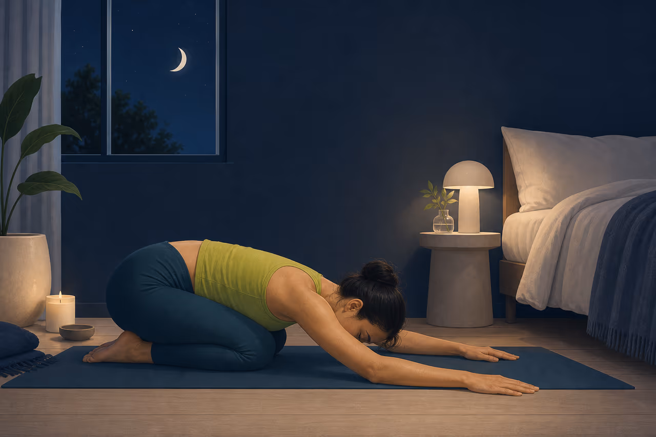 Editorial cover illustration about yoga before bed for beginners.