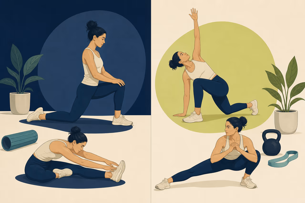 Editorial illustration about mobility before vs after a workout.