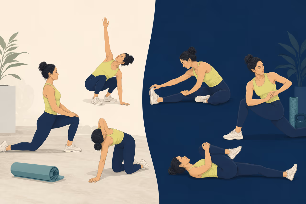 Editorial cover illustration about mobility before vs after a workout.