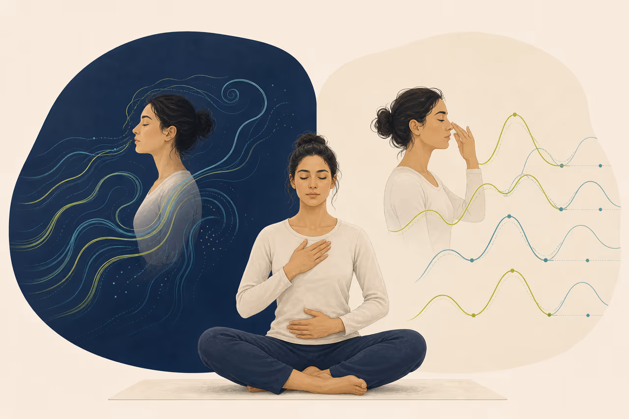Editorial illustration about breathwork vs pranayama.
