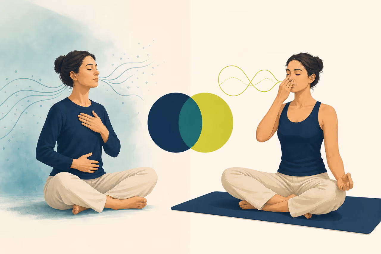 Editorial cover illustration about breathwork vs pranayama.