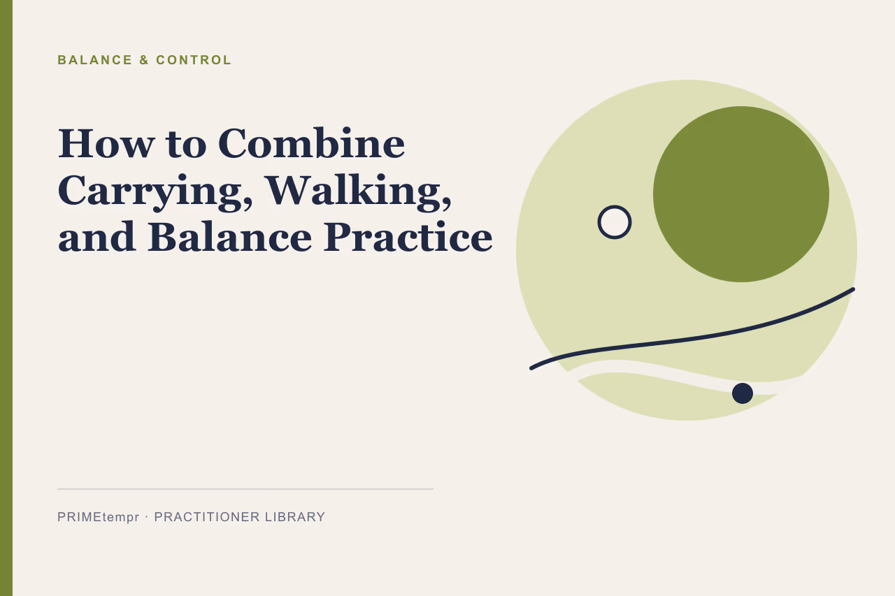 An adult practicing balanced walking posture with calm focus in a bright room.