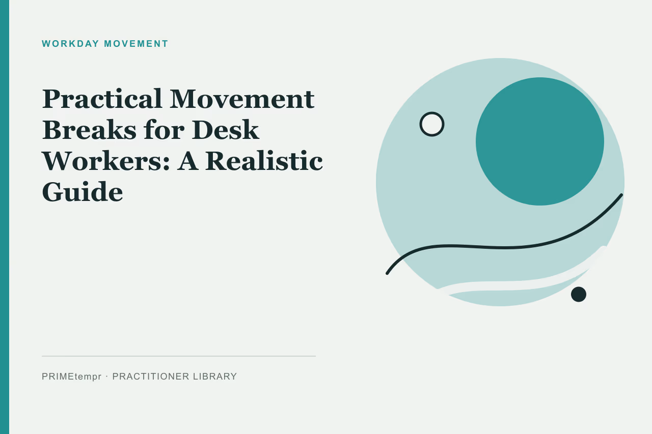 An illustration of a desk worker standing up for a gentle stretch next to their workspace.