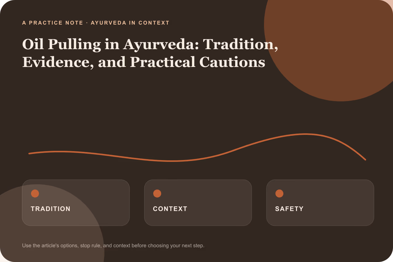 Editorial practice note for oil pulling in Ayurveda tradition evidence and practical cautions.