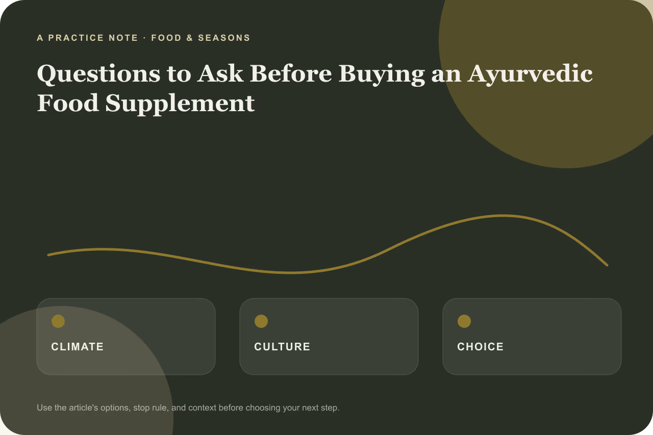 Editorial practice note for questions to ask before buying an Ayurvedic food supplement.