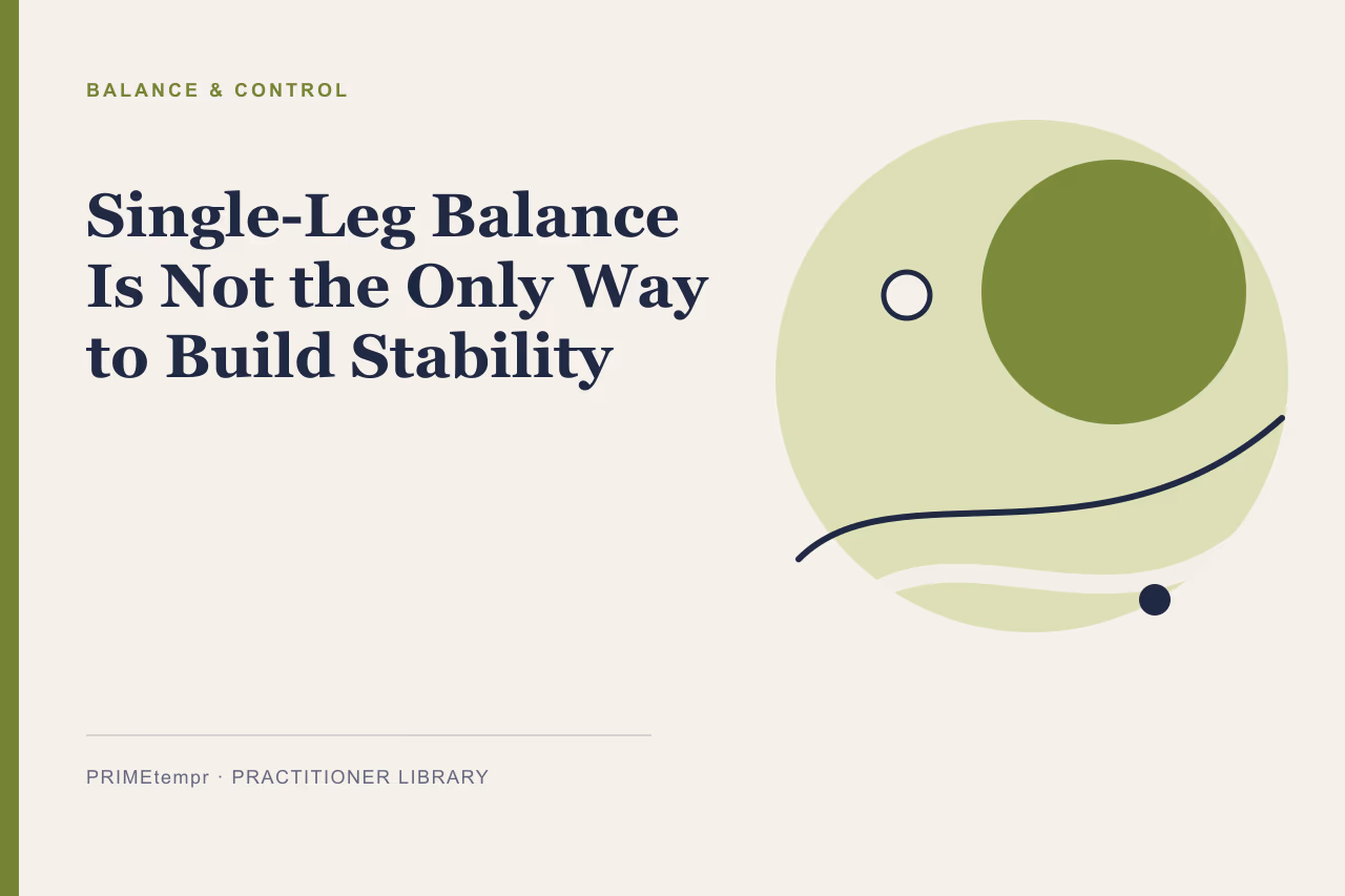 Editorial illustration of a person practicing stable weight-shifting movements with chair support in a bright room.