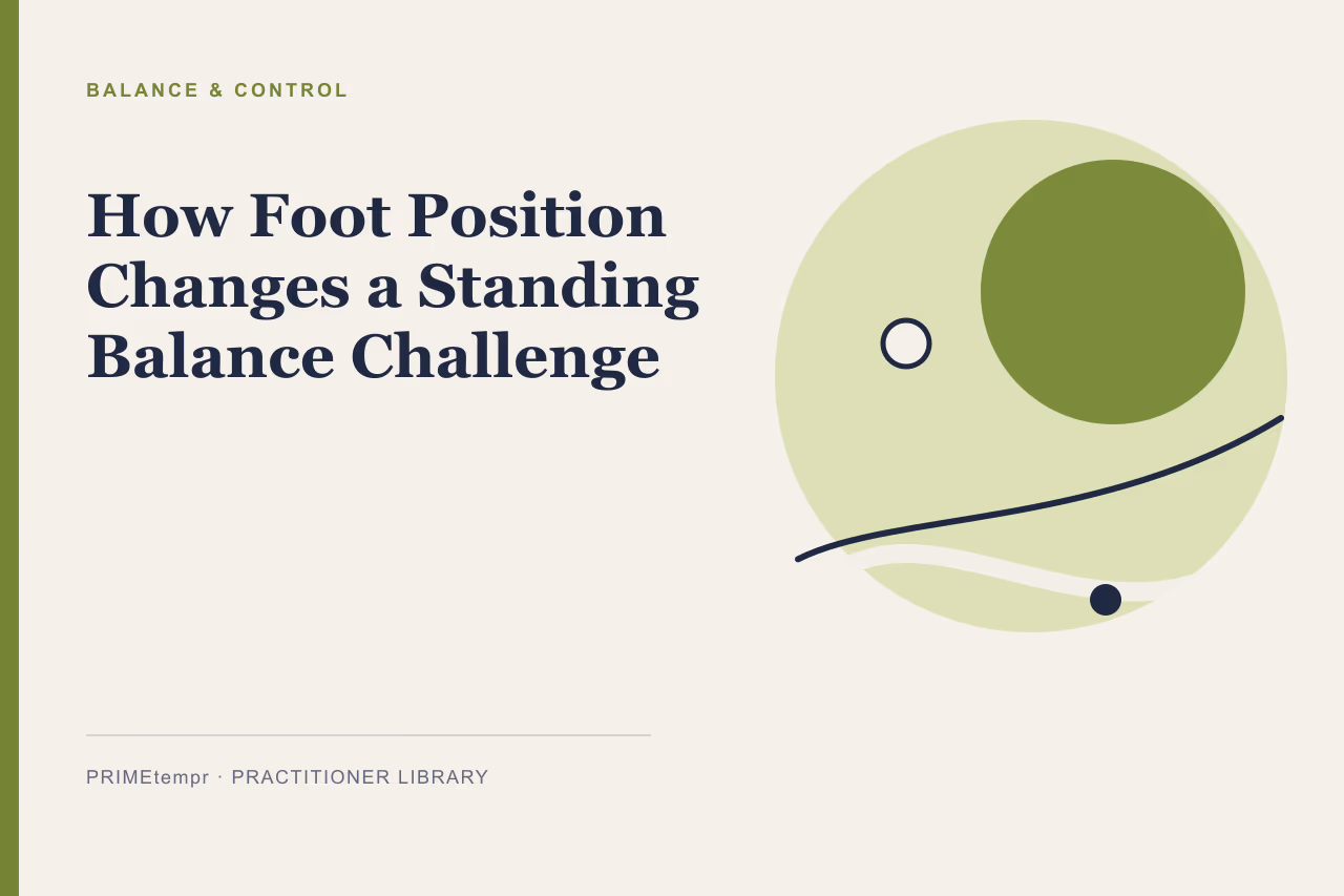 Illustration of standing foot positions demonstrating changes in base of support for balance practice.