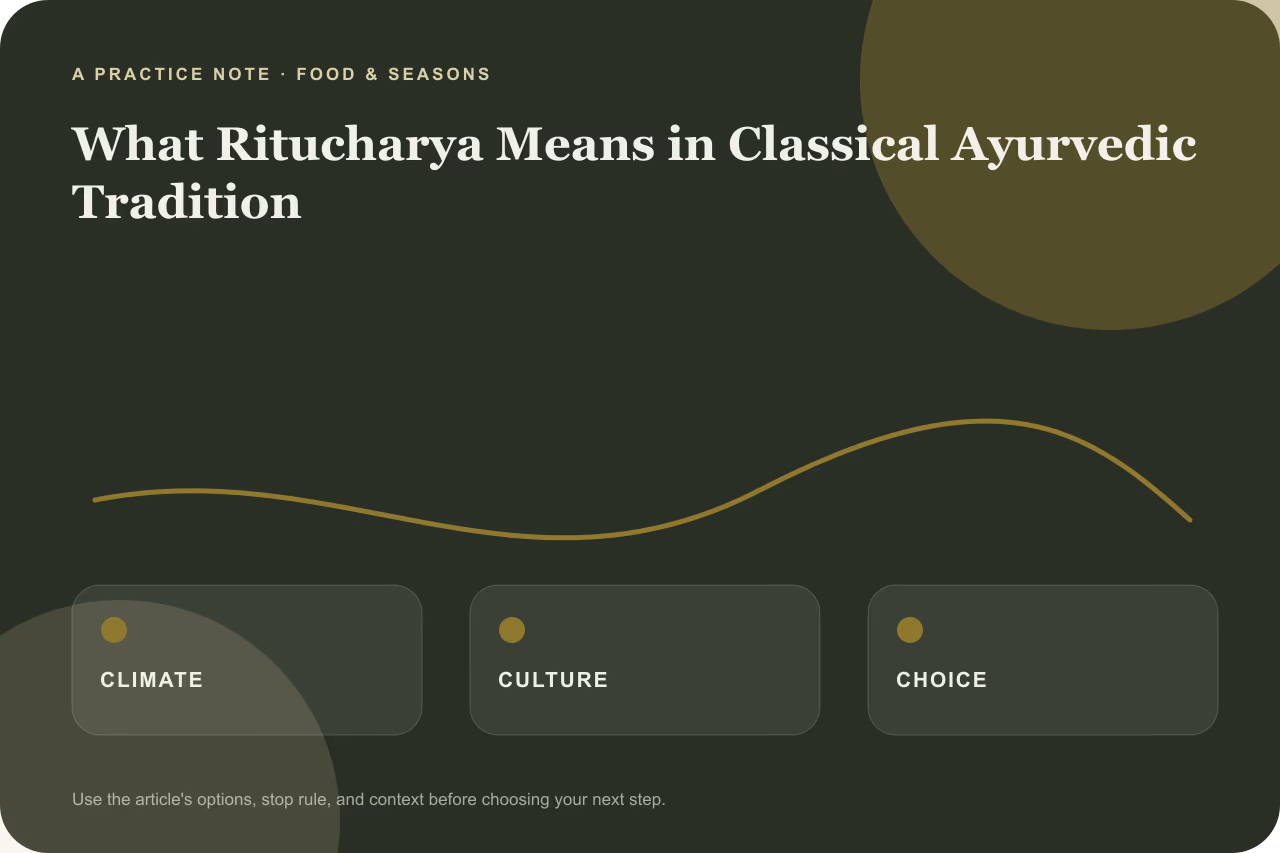 Editorial practice note for what ritucharya means in classical Ayurvedic tradition.