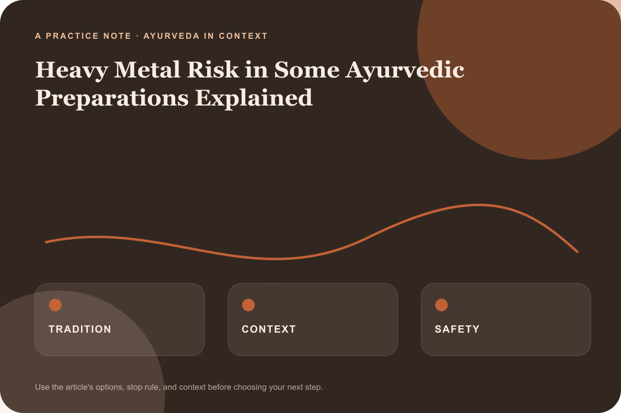 Editorial practice note for heavy metal risk in some Ayurvedic preparations explained.