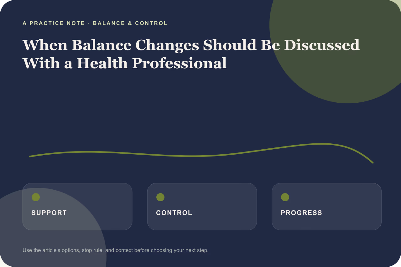 A simple decision flowchart showing the path from noticing balance changes to medical consultation and supported teacher-led practice.