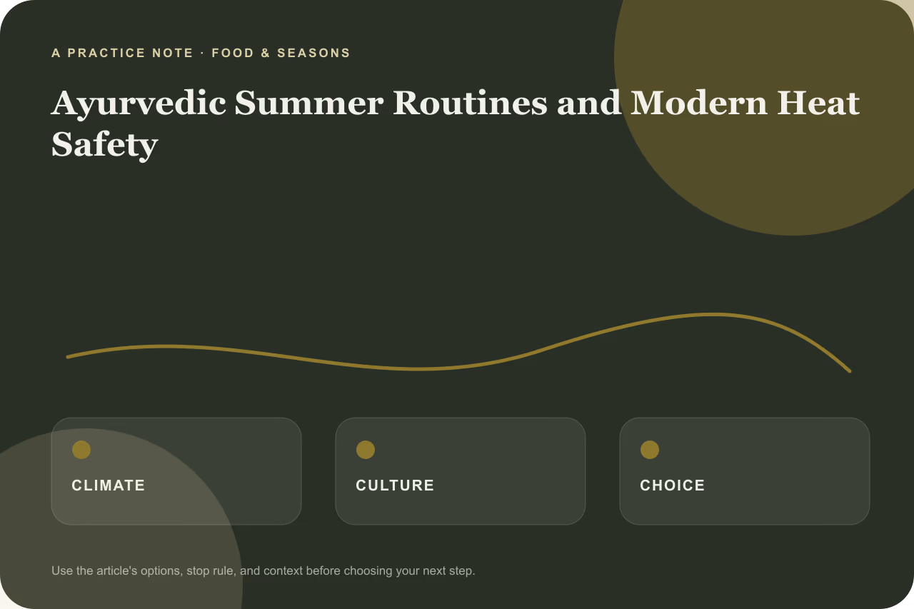 Editorial practice note for Ayurvedic summer routines as traditions with modern heat safety.