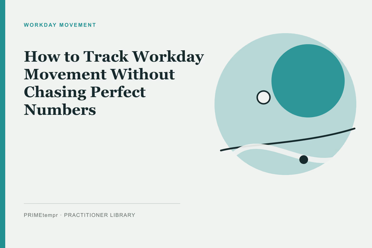 Illustration of a calm desk workspace with a gentle stretch silhouette, representing low-stress workday movement.