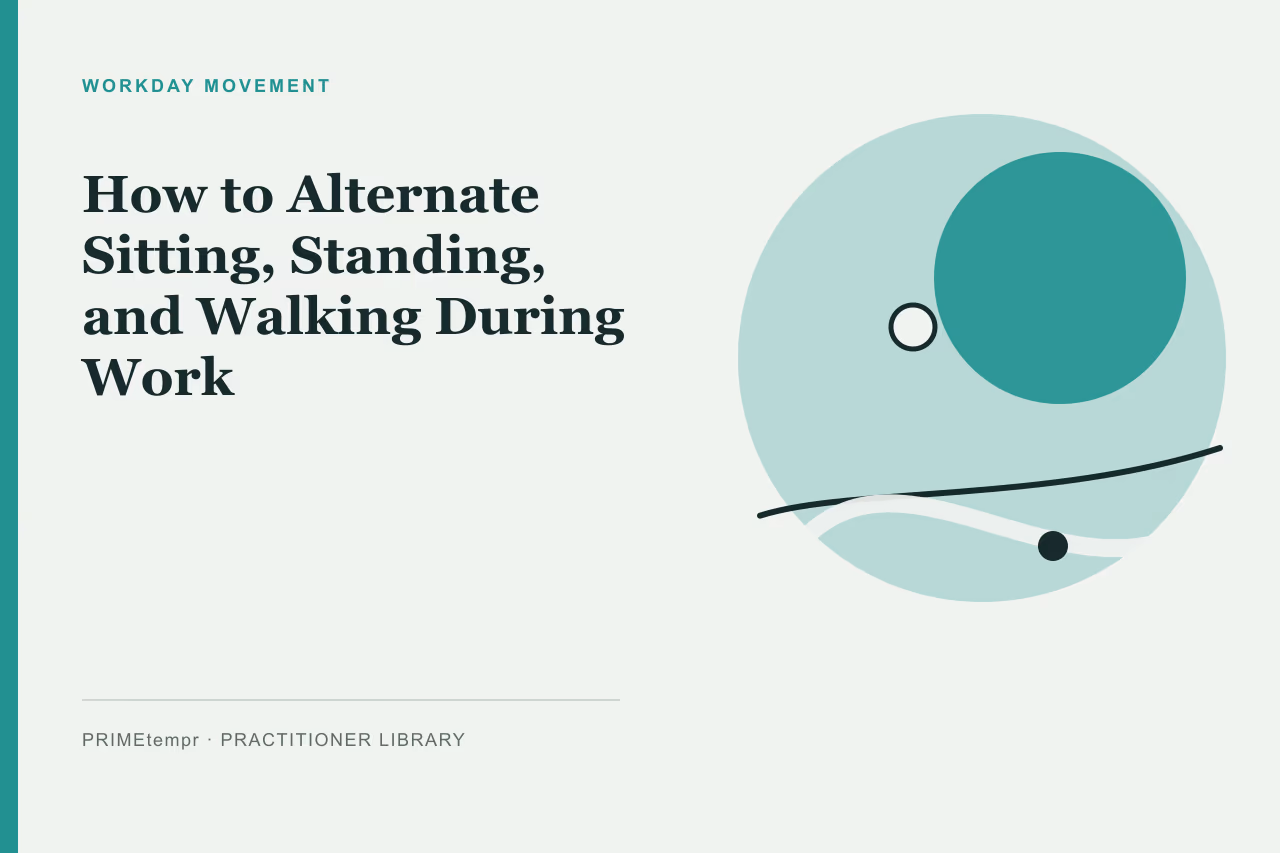 An illustration of a clean workspace with options for sitting, standing, and movement breaks.