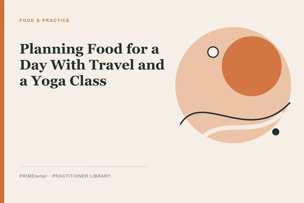 Editorial illustration depicting travel items, a water bottle, and a balanced plate of food.