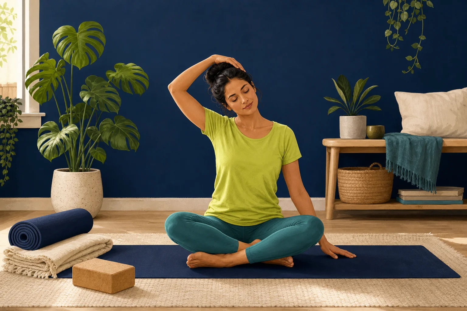 A calm home practice corner with a yoga mat, blocks, blanket and plants.
