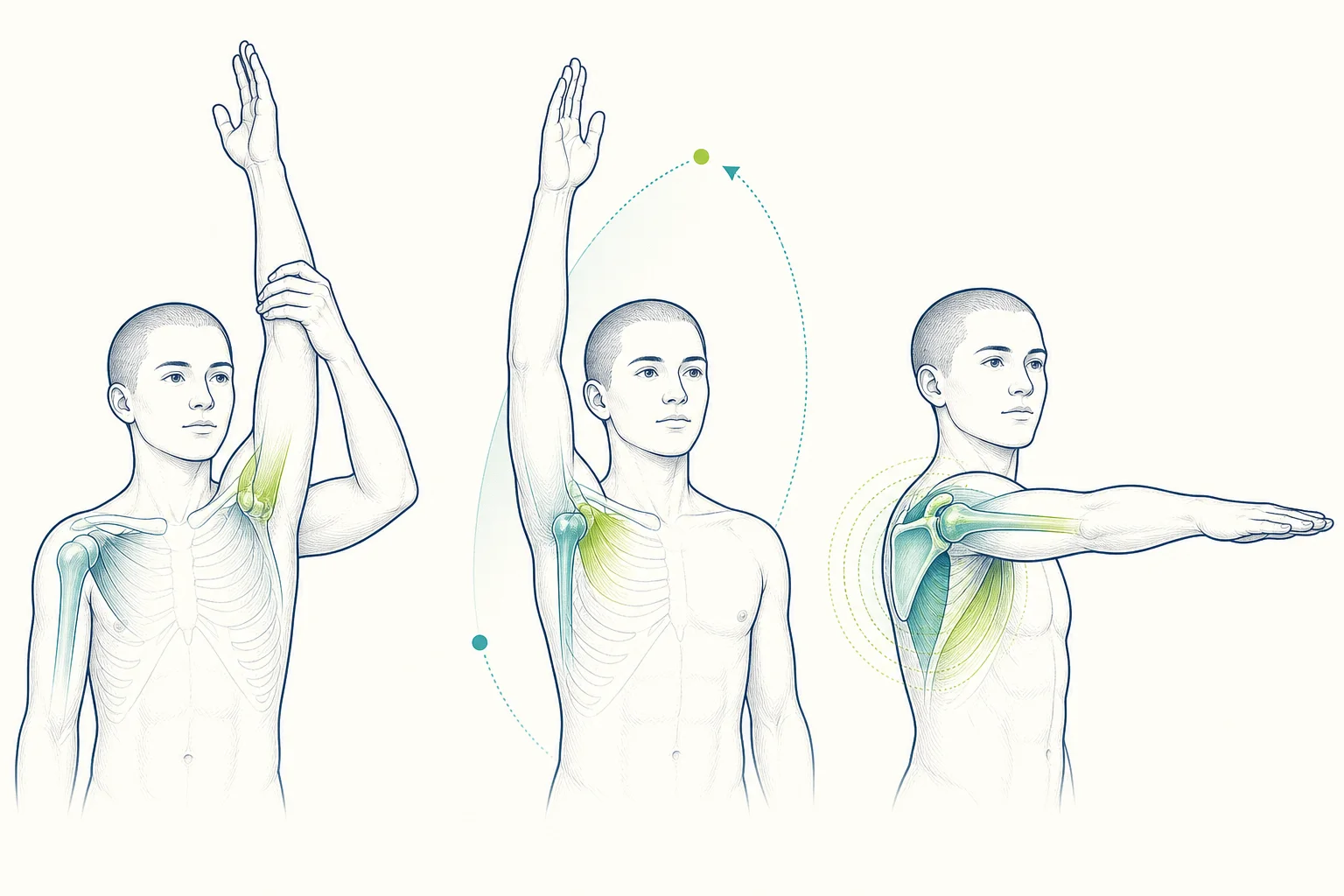 Three shoulder studies showing an assisted range, an active overhead range and a steady arm position.